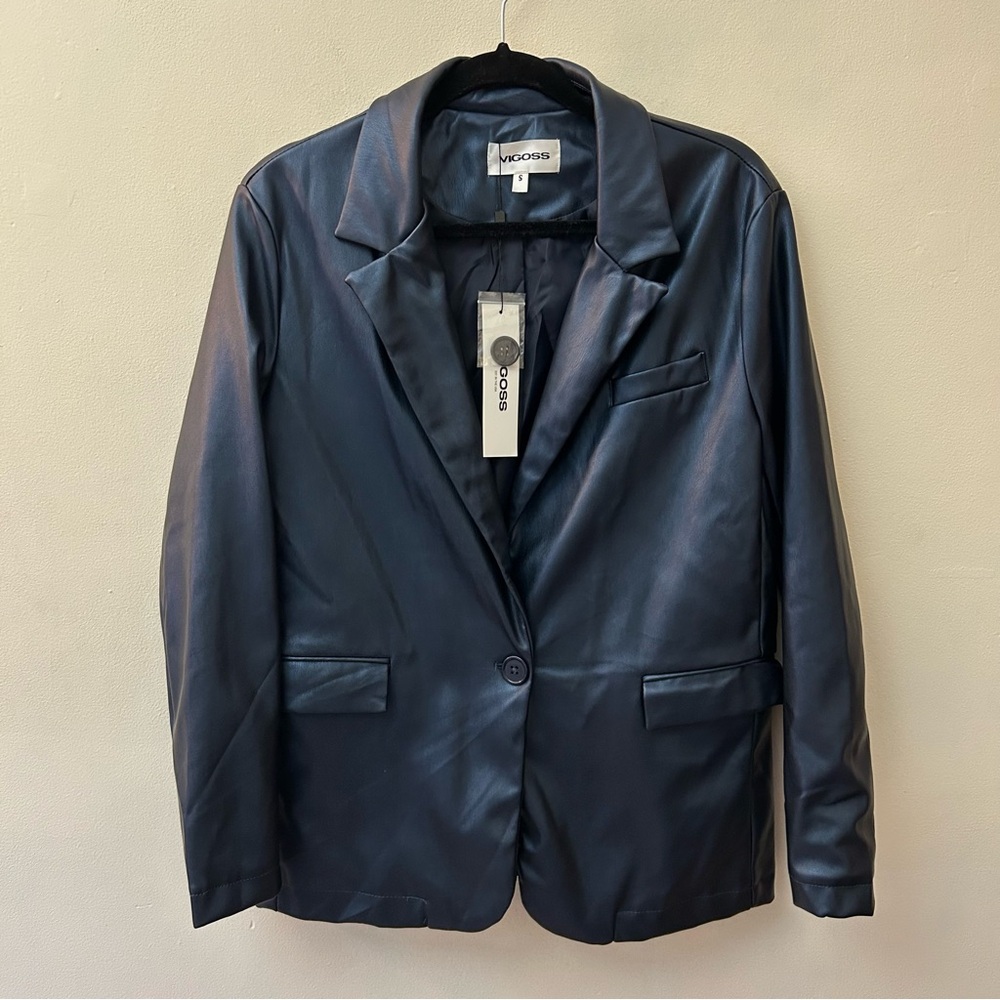 Vigoss navy blue faux leather single button blazer size small